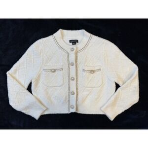 Urban Revivo Women's Ivory Diamond-Knit Pearl Buttoned Cardigan Sweater Size S 4